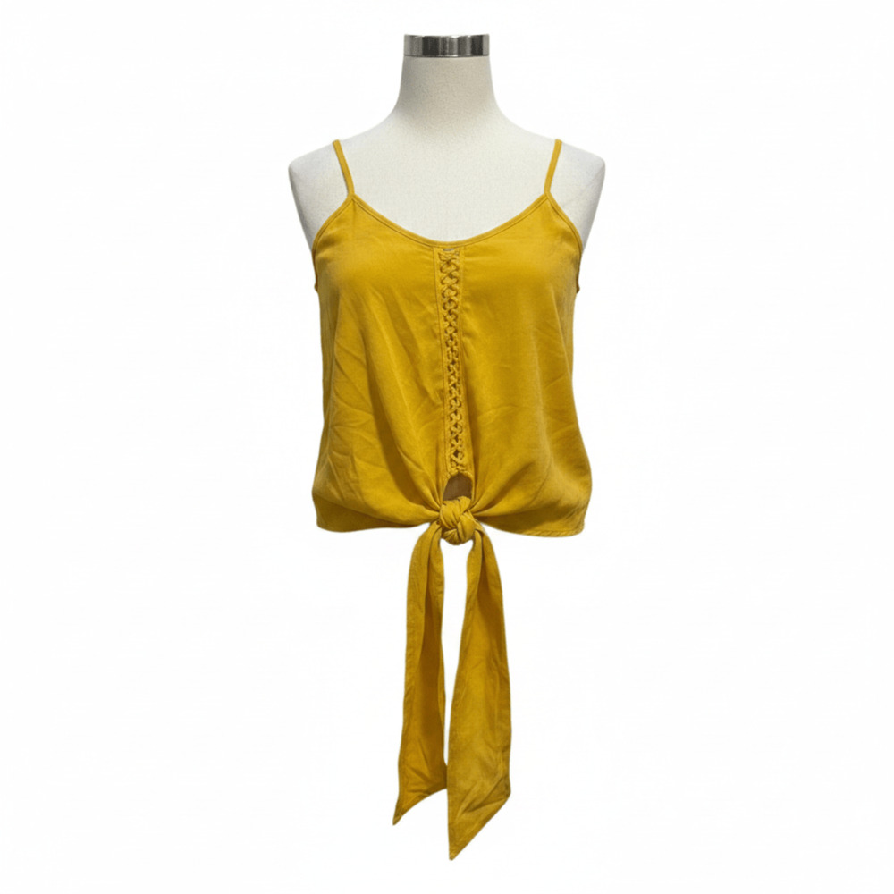 Mustard Spaghetti Strap Top Crisscross Detailing Flowy Summer Womens Cami